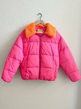 NWT URBAN OUTFITTERS Pink Quilted Puffer Jacket Orange Trim Winter Womens Medium